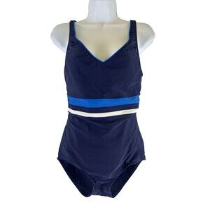 Speedo Empire Spliced Striped One Piece Swimsuit Navy Blue V-Neck Womens 12